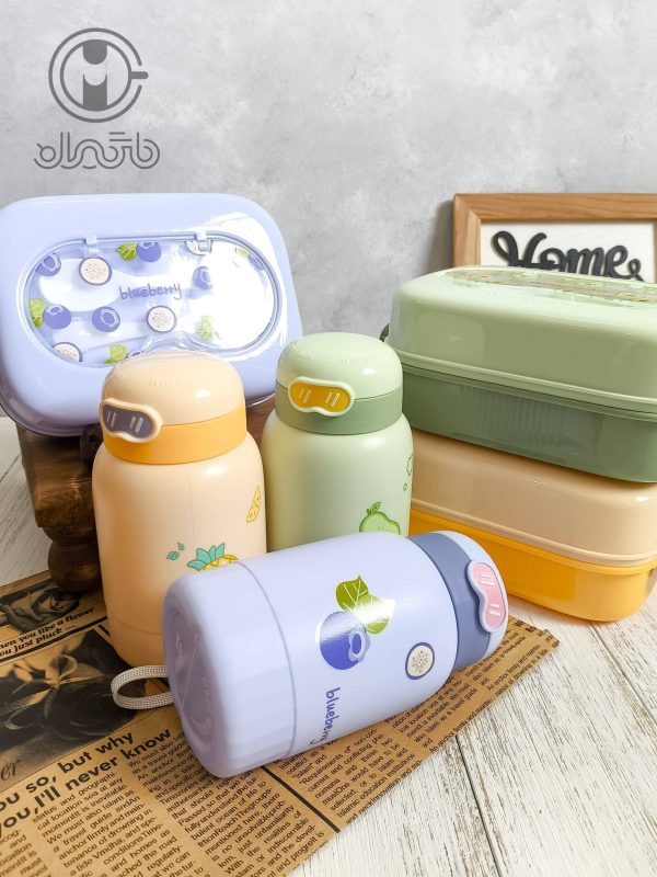 ظرف غذا دوطبقه و قمقمه نی‌دار طرح میوه